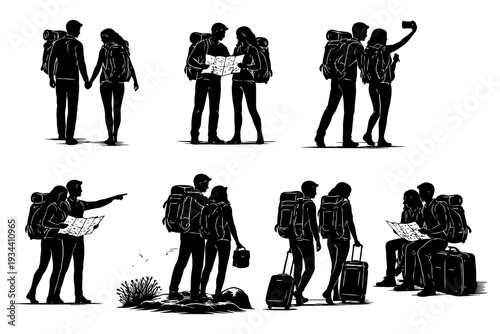 Silhouette of young couples hiking and exploring with maps and backpacks.