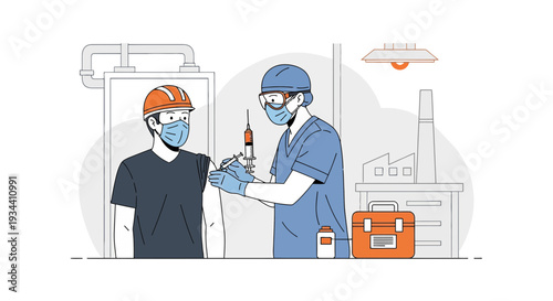 Healthcare worker gives vaccine injection to man in industrial setting, safety concept