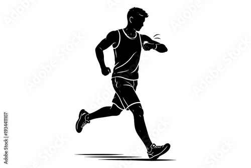 Silhouette of young caucasian male runner checking watch in action pose.