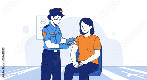 Healthcare worker giving vaccine injection to patient, medical illustration
