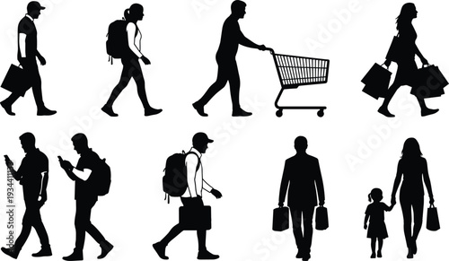 Row of diverse male and female silhouettes standing isolated on white background, full body black figures, social diversity, fashion style and identity concept