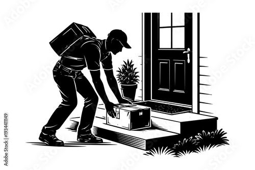 Male delivery worker leaving package at doorstep in black and white illustration.