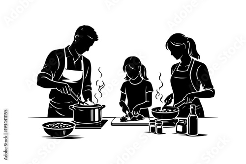 Family cooking together: caucasian adults and child preparing meal.