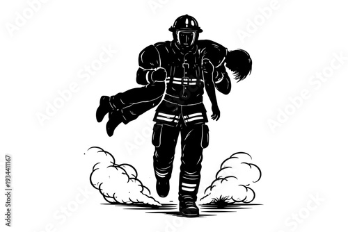 Courageous male firefighter rescuing female child from smoke.