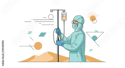 Healthcare Worker in Hazmat Suit Adjusting IV Drip for Patient Care