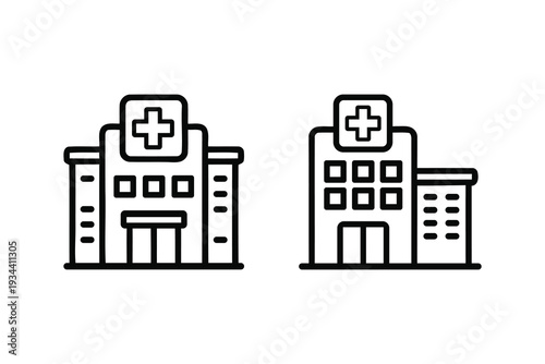 Two simple line art illustrations of hospital buildings with a cross symbol
