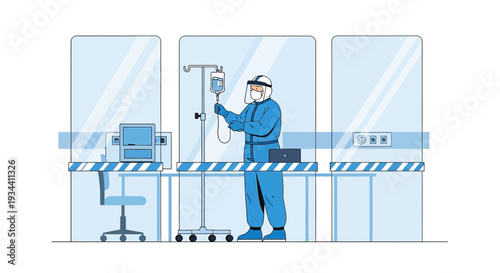 Healthcare Worker in PPE Adjusting IV Drip in Medical Lab Booths