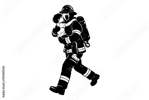 Firefighter rescuing child: heroic rescue scene with protective gear.