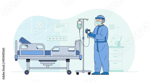 Healthcare Worker in PPE Administering IV Drip in Hospital Room