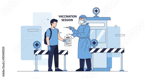 Healthcare worker in protective suit gives vaccine injection to patient during vaccination session