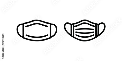 Two black line art illustrations of disposable surgical face masks