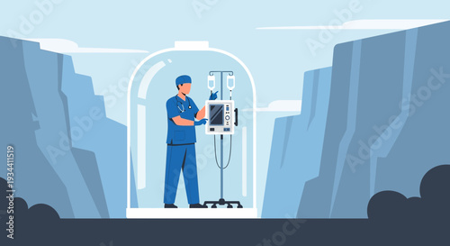 Healthcare Worker Inside Protective Dome with Medical Equipment and IV Drip