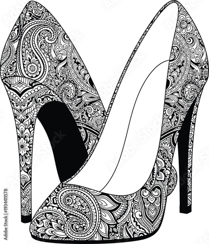 Black High Heel Shoes with Paisley Patterns