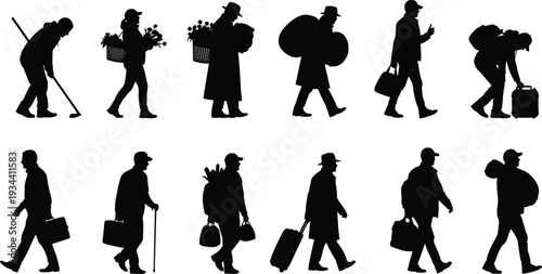 Set of black people silhouettes featuring travelers with suitcases flower baskets backpacks a gardener with a hoe and men walking with bags flat vector