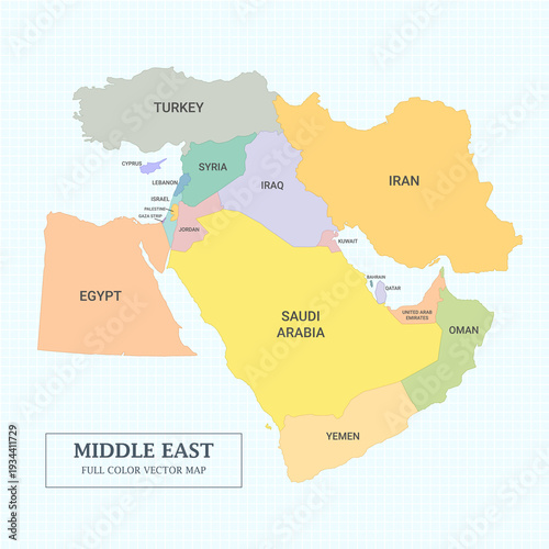 Middle East full color map and vector illustration printable and decoration.