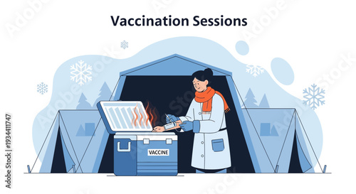 Healthcare worker prepares vaccines in a cold weather vaccination tent