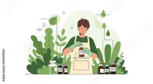 Herbalist Preparing Natural Remedies with Plants and Bottles