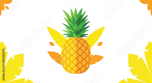 Vibrant pineapple illustration with tropical leaves on white background
