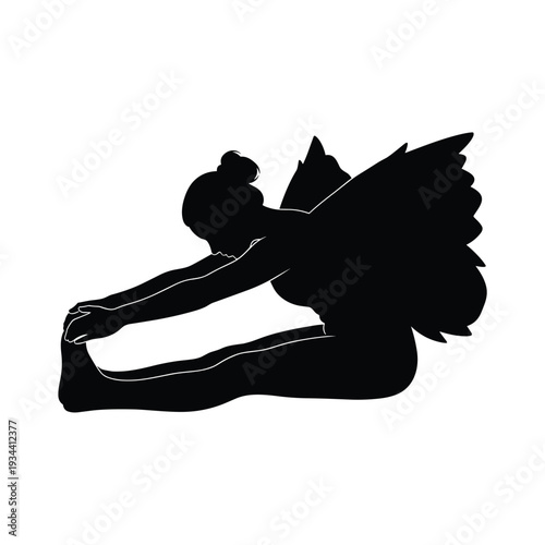 Black silhouette of fairy stretching on ground with wings
