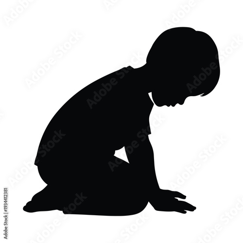 Crouched child silhouette in contemplative pose on white background