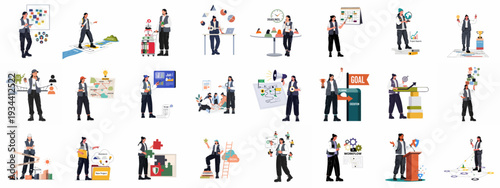 Diverse illustrations of a female project manager navigating business strategy, planning, problem-solving, and achieving goals, showcasing teamwork, data analysis, and workflow processes.