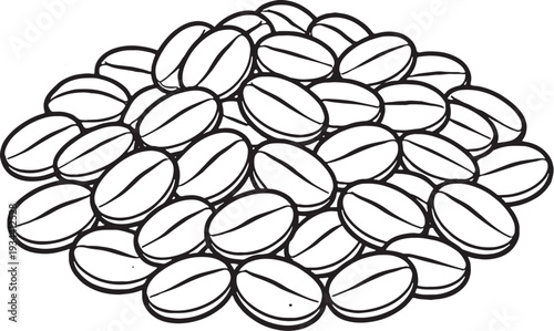 Raw Coffee Beans Pile Line Art Black and White Commodity Vector