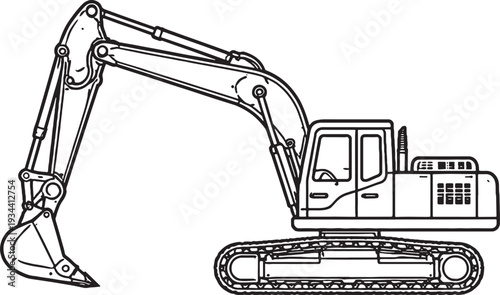 Hydraulic Excavator Machine Black and White Line Art Construction Engineering Equipment Vector