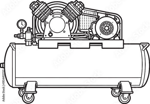 Industrial Air Compressor Unit Black and White Line Art Vector Illustration