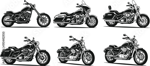Collection of classic cruiser motorcycles in black and white detailed vector illustration set isolated on light background