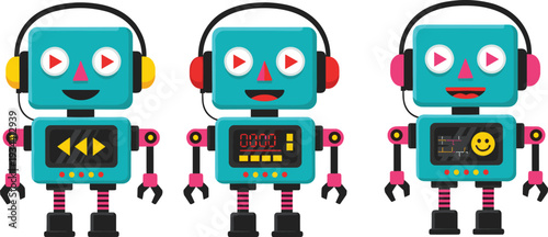 Cute cartoon robots set with headphones and digital screens, colorful futuristic characters, playful AI mascots, technology illustration isolated vector design collection