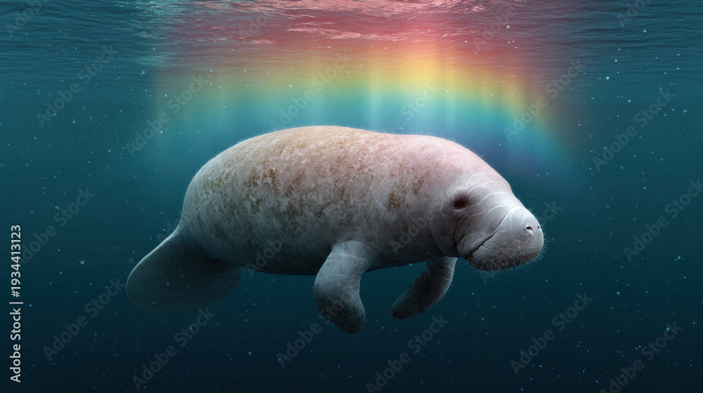 Fototapeta premium Manatee, Manatee swimming underwater with light rays and bubbles around it