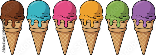 Colorful Cartoon Ice Cream Cones Collection in Horizontal Row with Melting Drips on White Background