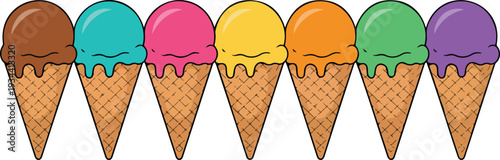 Colorful Cartoon Ice Cream Cones Collection in Horizontal Row with Melting Drips on White Background