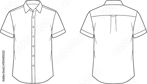 White Short Sleeve Button Down Shirt Technical Flat Sketch Featuring Front And Back Views With Classic Collar Yoke Detail And Folded Cuffs