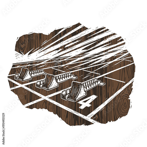 Rustic woodcut style depiction of running track starting blocks, capturing the intense anticipation of a sprint race