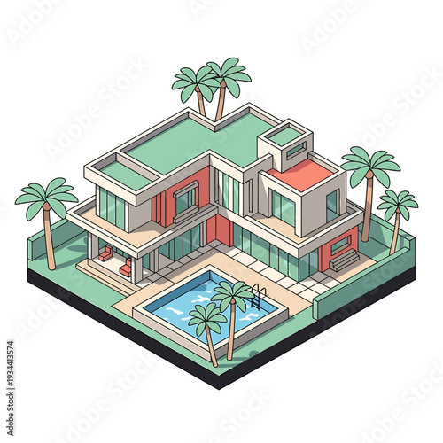 Stylish isometric modern house with private pool and tropical palm trees, ideal for summer vacation concepts
