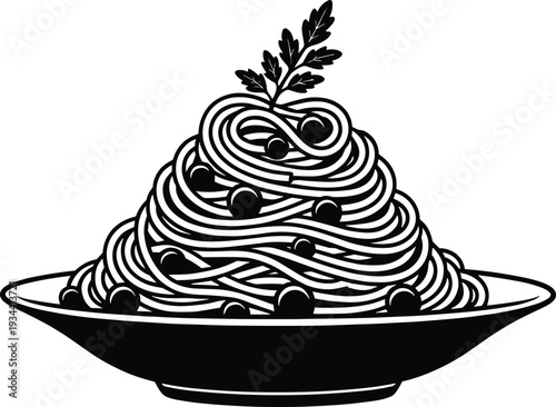 Minimalist black and white spaghetti pasta vector illustration with parsley garnish and meatballs in a bowl isolated on white background for Italian restaurant menu design