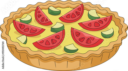 Digital illustration of quiche with tomato wedges and cucumber pieces in fluted golden crust.