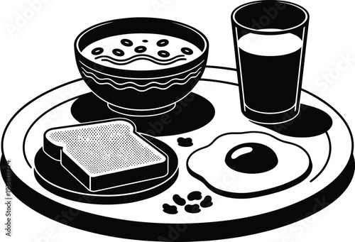 Minimalist black and white vector illustration of a healthy breakfast set featuring a bowl of cereal, fried egg, toasted bread slice, and glass of juice.