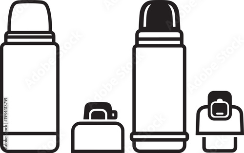 Simple vector illustration of two thermoses and their caps, representing travel, drinks, and portability