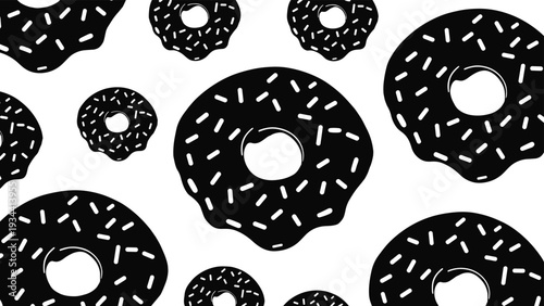 Minimalist black and white donut pattern with sprinkles on white background seamless vector style illustration for sweet food bakery cafe wallpaper and wrapping paper