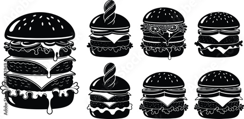 Set of black and white burger silhouette icons featuring delicious fast food cheeseburgers with melting cheese, lettuce, and sesame seed buns for restaurant menu design.