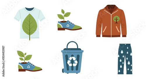 Sustainable Fashion & Eco-Friendly Clothing Icons. Recycling Bin, Organic Apparel, and Green Lifestyle Products.