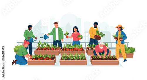 Diverse Community Gardening on Urban Rooftop Farm - Sustainable City Life & Fresh Produce