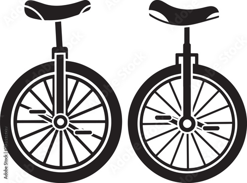 Black and white vector graphic of two unicycles, symbolizing balance, skill, and unique transportation