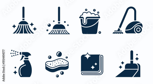 Flat blue cleaning tools icons, modern vector set depicting essential janitorial and home cleaning items, consistent style for design, presentations, and educational materials.