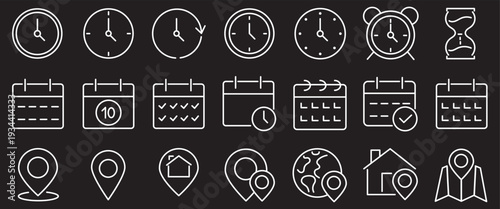 Time, date and address concept editable stroke outline icons set isolated on white background flat vector illustration. 
