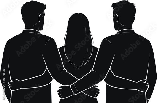 Silhouette of a woman standing between two men in suits holding hands behind her back representing concepts of infidelity betrayal secret office romance and dishonesty