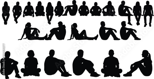 Black and white silhouette illustration, multiple people sitting, various relaxed poses, casual figures on ground, minimalist people set, vector graphics,