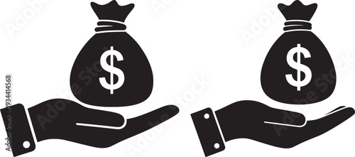 Vector icons of hands offering money bags with dollar signs, signifying financial assistance, charity, and giving
